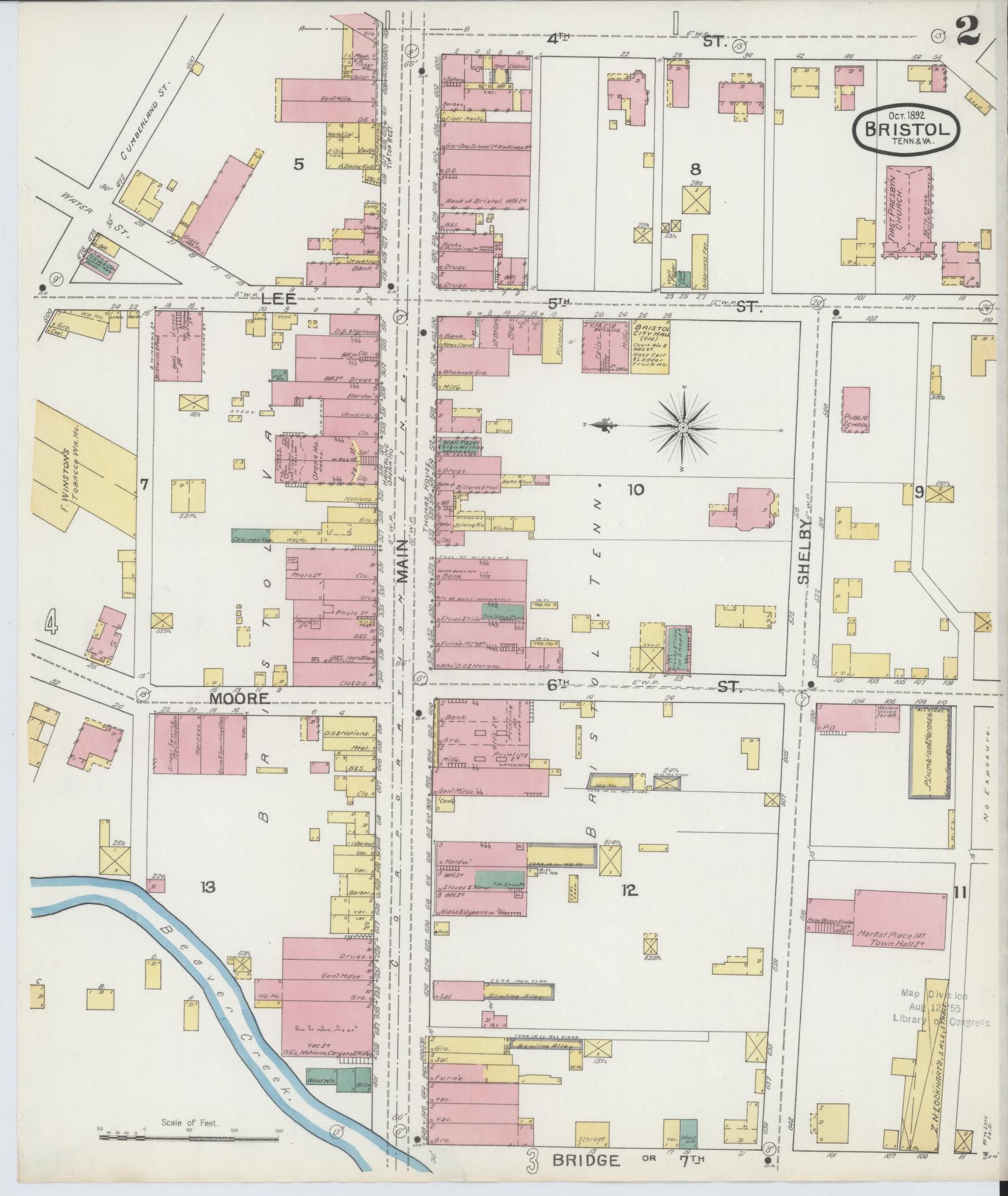 Sanborn Fire Insurance Map from Bristol, Sullivan County, Tennessee (1892), Sheet #0002 - Historic Sanborn Fire Insurance Map Print, vintage old map wall art, antique decor, genealogy gift, Tennessee Tennessee map