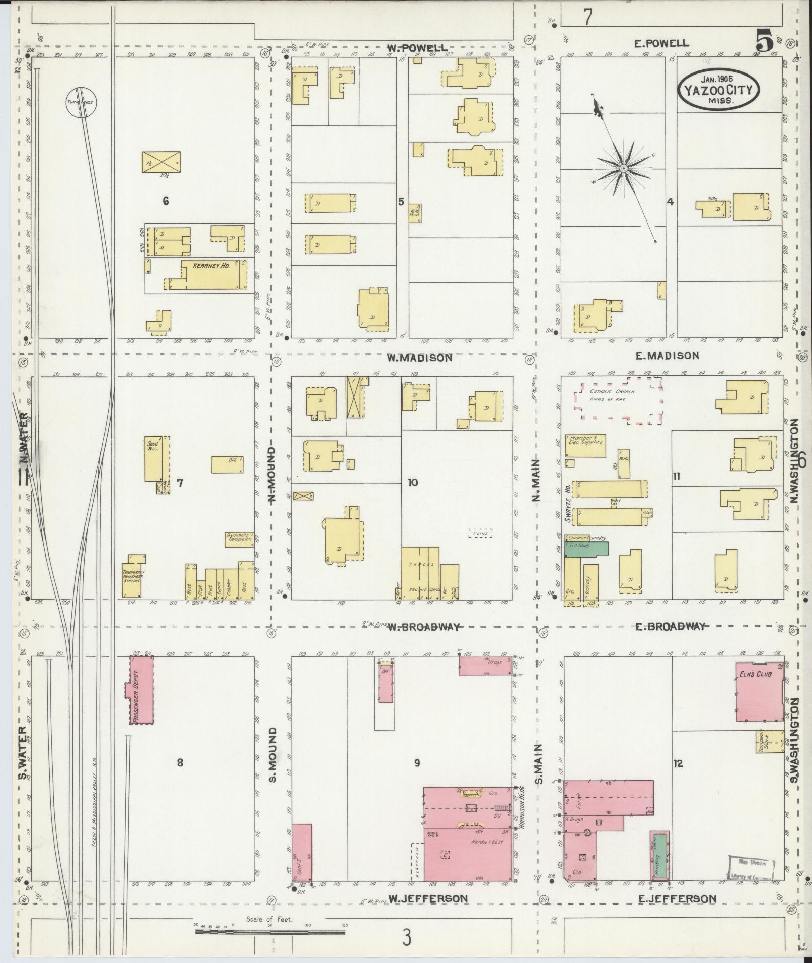 Sanborn Fire Insurance Map from Yazoo City, Yazoo County, Mississippi (1905), Sheet #0005 - Complete Map Set gallery image, historic Sanborn map, vintage wall art, Mississippi Mississippi