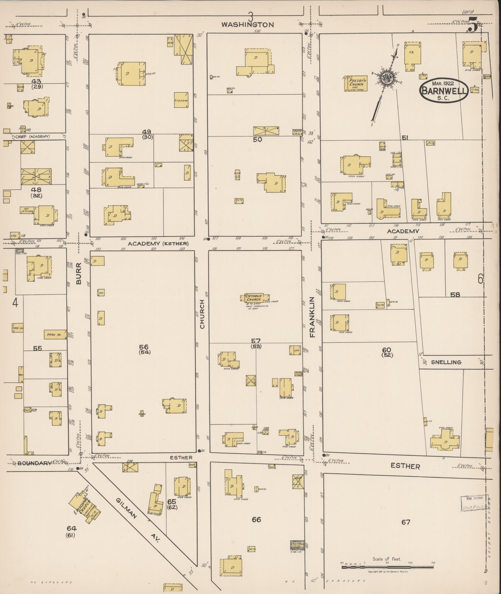 Sanborn Fire Insurance Map from Barnwell, Barnwell County, South Carolina (1922), Sheet #0005 - Historic Sanborn Fire Insurance Map Print, vintage old map wall art, antique decor, genealogy gift, South Carolina South Carolina map