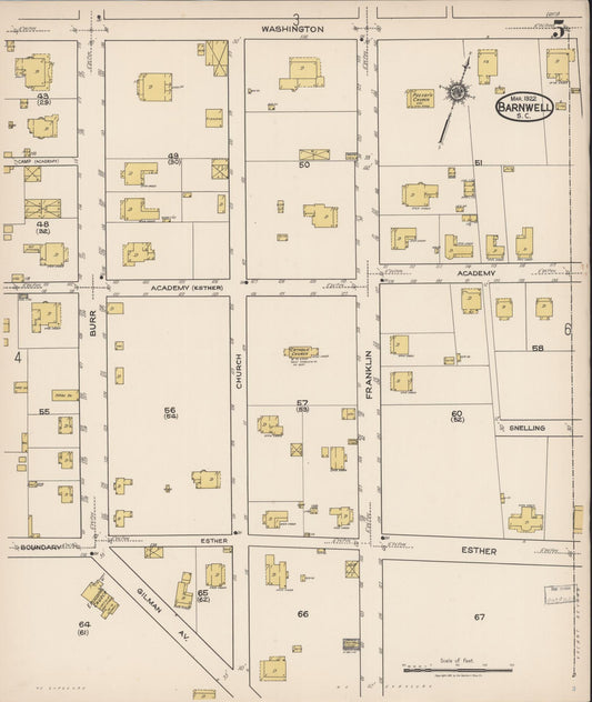 Sanborn Fire Insurance Map from Barnwell, Barnwell County, South Carolina (1922), Sheet #0005 - Historic Sanborn Fire Insurance Map Print, vintage old map wall art, antique decor, genealogy gift, South Carolina South Carolina map