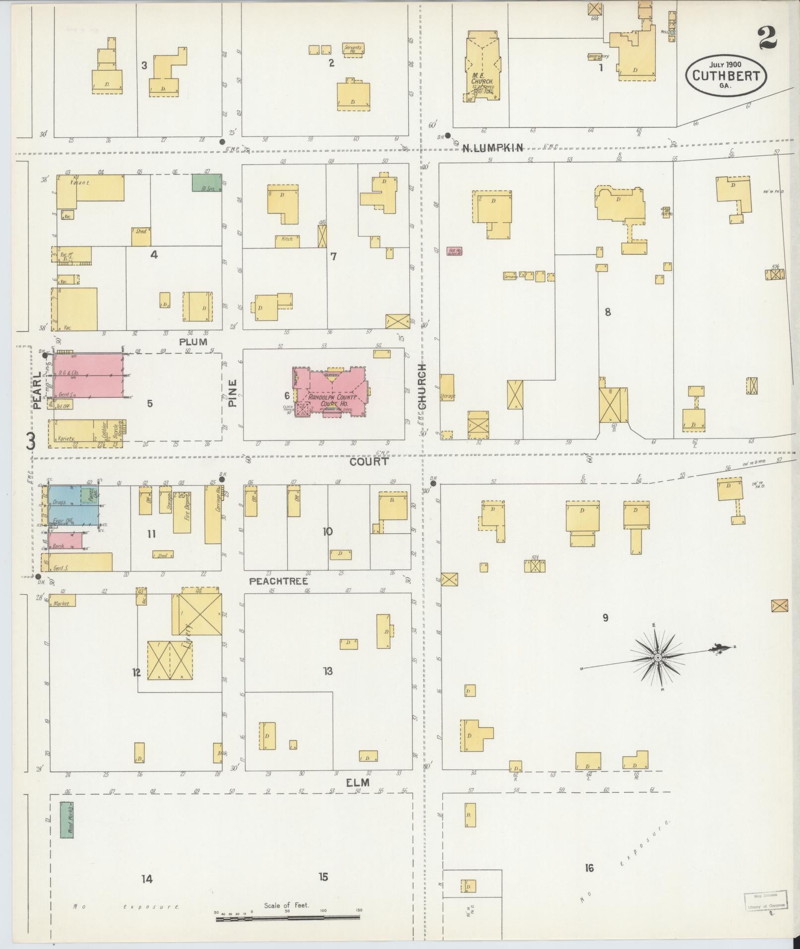 Sanborn Fire Insurance Map from Cuthbert, Randolph County, Georgia (1900), Sheet #0002 - Historic Sanborn Fire Insurance Map Print, vintage old map wall art, antique decor, genealogy gift, Georgia Georgia map