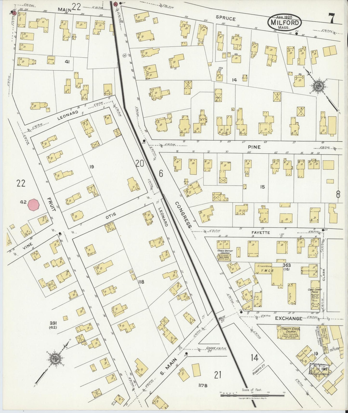 Sanborn Fire Insurance Map from Milford, Worcester County, Massachusetts (1920), Sheet #0007 - Complete Map Set gallery image, historic Sanborn map, vintage wall art, Massachusetts Massachusetts