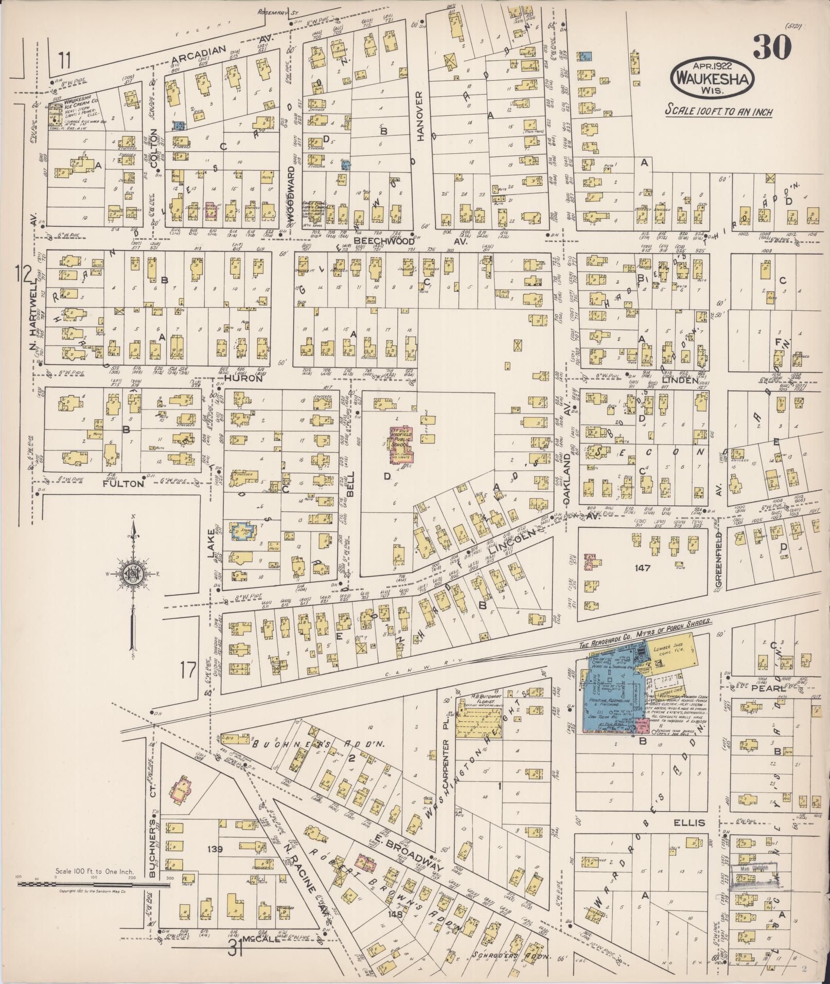 Sanborn Fire Insurance Map from Waukesha, Waukesha County, Wisconsin (1922), Sheet #0030 - Historic Sanborn Fire Insurance Map Print, vintage old map wall art, antique decor, genealogy gift, Wisconsin Wisconsin map