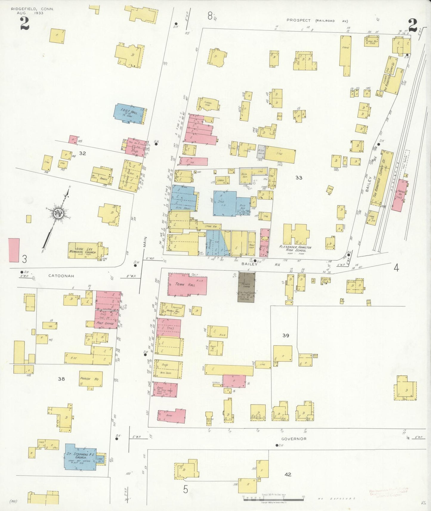 Sanborn Fire Insurance Map from Ridgefield, Fairfield County, Connecticut (1933), Sheet #0002 - Complete Map Set gallery image, historic Sanborn map, vintage wall art, Connecticut Connecticut