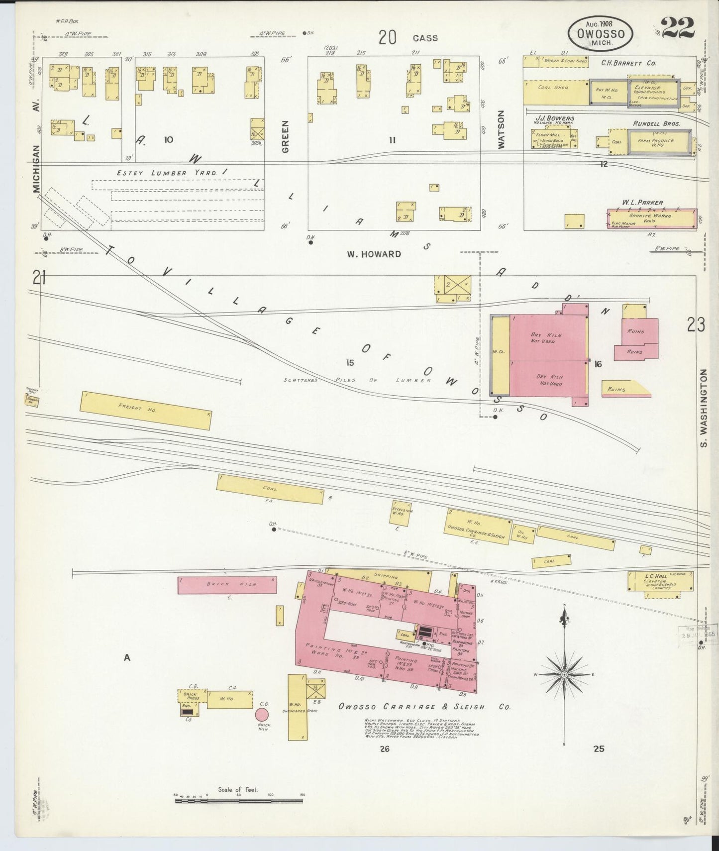 Sanborn Fire Insurance Map from Owosso, Shiawassee County, Michigan (1908), Sheet #0022 - Complete Map Set gallery image, historic Sanborn map, vintage wall art, Michigan Michigan