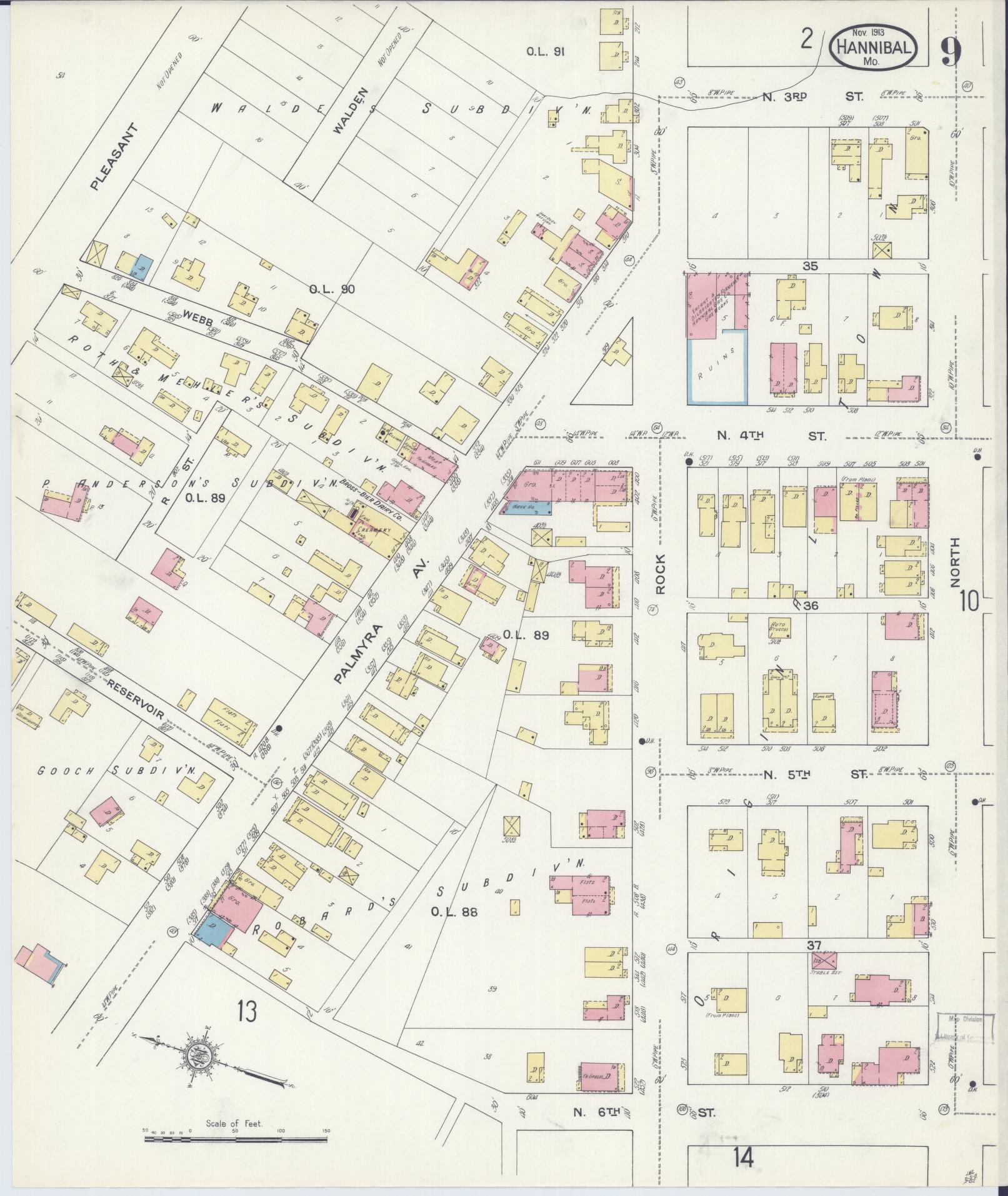 Sanborn Fire Insurance Map from Hannibal, Marion County, Missouri (1913), Sheet #0009 - Complete Map Set gallery image, historic Sanborn map, vintage wall art, Missouri Missouri