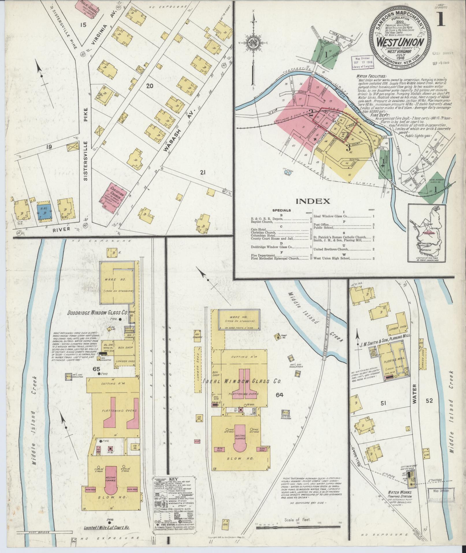 Sanborn Fire Insurance Map from West Union, Doddridge County, West Virginia (1916), Sheet #0001 - Historic Sanborn Fire Insurance Map Print, vintage old map wall art, antique decor, genealogy gift, West Virginia West Virginia map