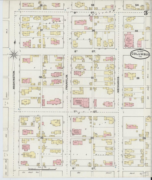 Sanborn Fire Insurance Map from Columbus, Bartholomew County, Indiana (1890), Sheet #0003 - Historic Sanborn Fire Insurance Map Print, vintage old map wall art, antique decor, genealogy gift, Indiana Indiana map
