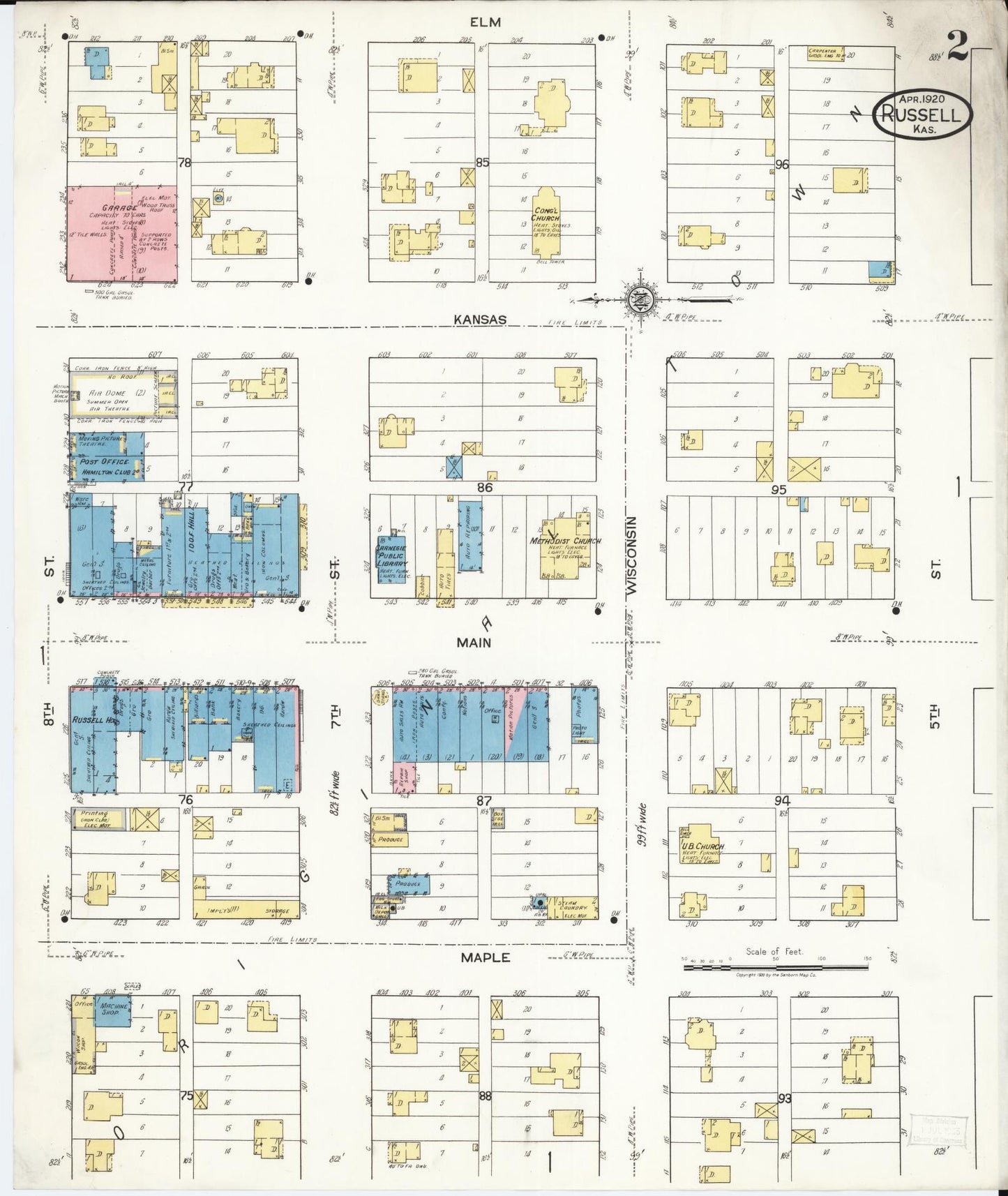 Sanborn Fire Insurance Map from Russell, Russell County, Kansas (1920), Sheet #0002 - Complete Map Set gallery image, historic Sanborn map, vintage wall art, Kansas Kansas