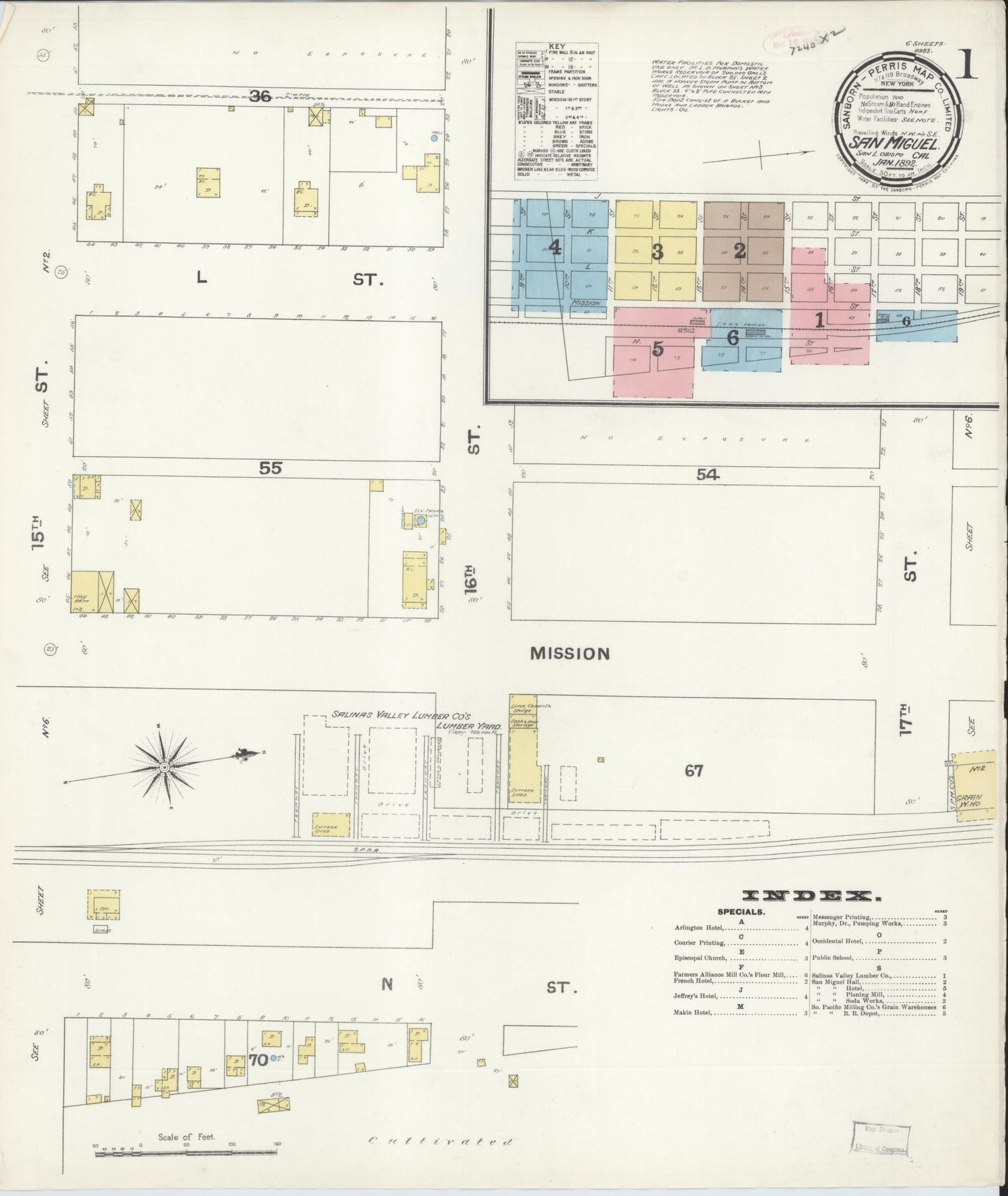 Sanborn Fire Insurance Map from San Miguel, San Luis Obispo County, California (1892), Sheet #0001 - Complete Map Set gallery image, historic Sanborn map, vintage wall art, California California