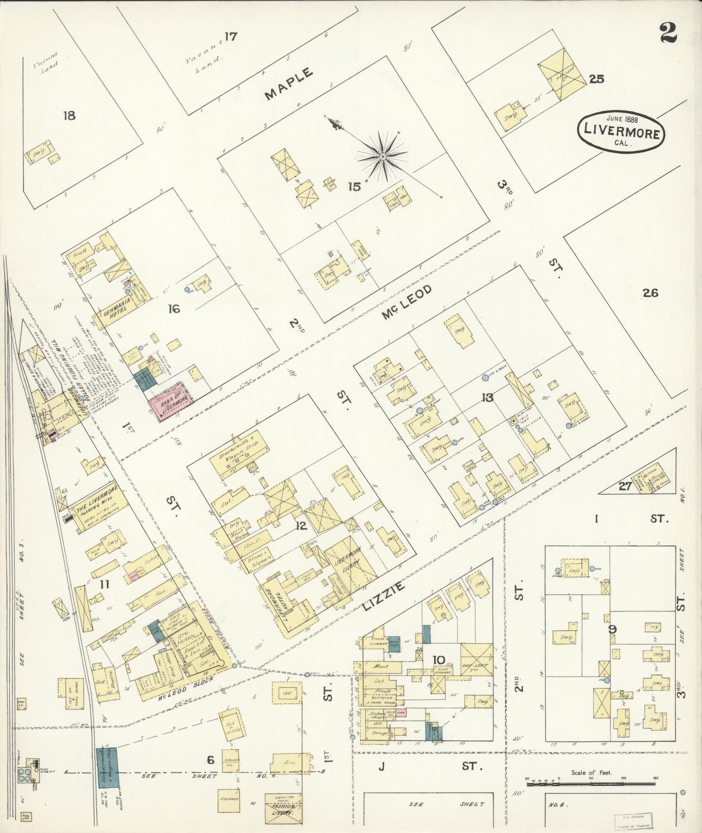 Sanborn Fire Insurance Map from Livermore, Alameda County, California (1888), Sheet #0002 - Historic Sanborn Fire Insurance Map Print, vintage old map wall art, antique decor, genealogy gift, California California map