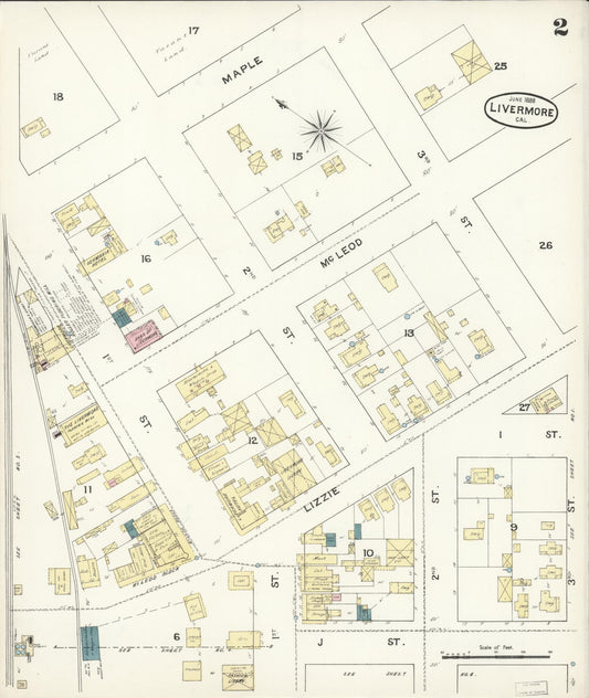 Sanborn Fire Insurance Map from Livermore, Alameda County, California (1888), Sheet #0002 - Historic Sanborn Fire Insurance Map Print, vintage old map wall art, antique decor, genealogy gift, California California map