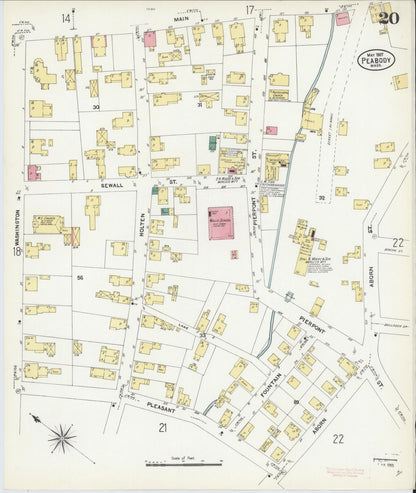 Sanborn Fire Insurance Map from Peabody, Essex County, Massachusetts (1907), Sheet #0020 - Historic Sanborn Fire Insurance Map Print, vintage old map wall art, antique decor, genealogy gift, Massachusetts Massachusetts map