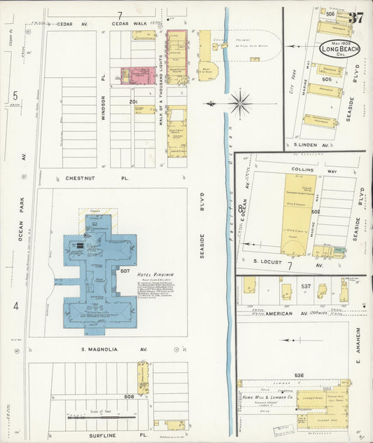 Sanborn Fire Insurance Map from Long Beach, Los Angeles County, California (1908), Sheet #0037 - Historic Sanborn Fire Insurance Map Print, vintage old map wall art, antique decor, genealogy gift, California California map