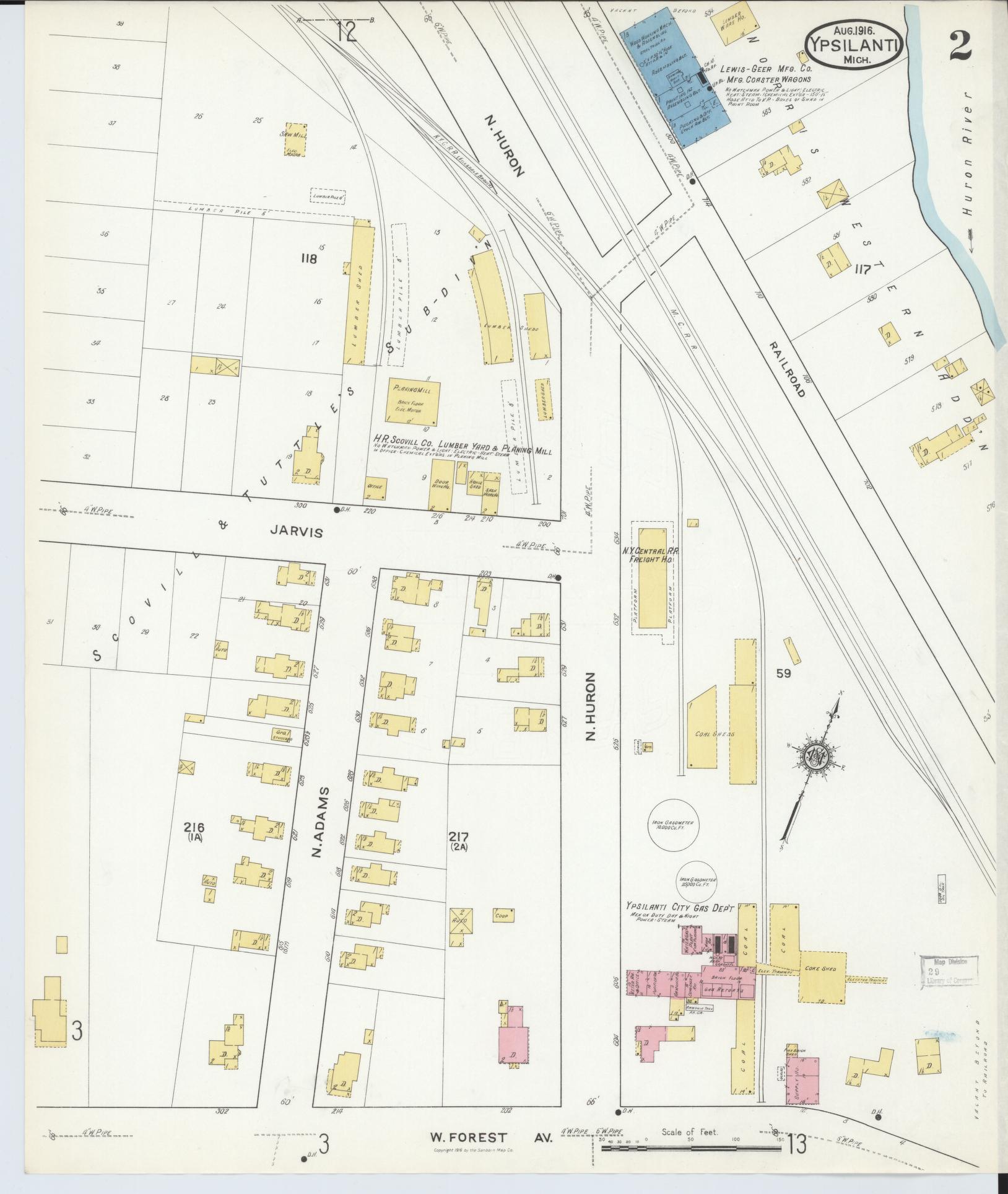 Sanborn Fire Insurance Map from Ypsilanti, Washtenaw County, Michigan (1916), Sheet #0002 - Historic Sanborn Fire Insurance Map Print, vintage old map wall art, antique decor, genealogy gift, Michigan Michigan map