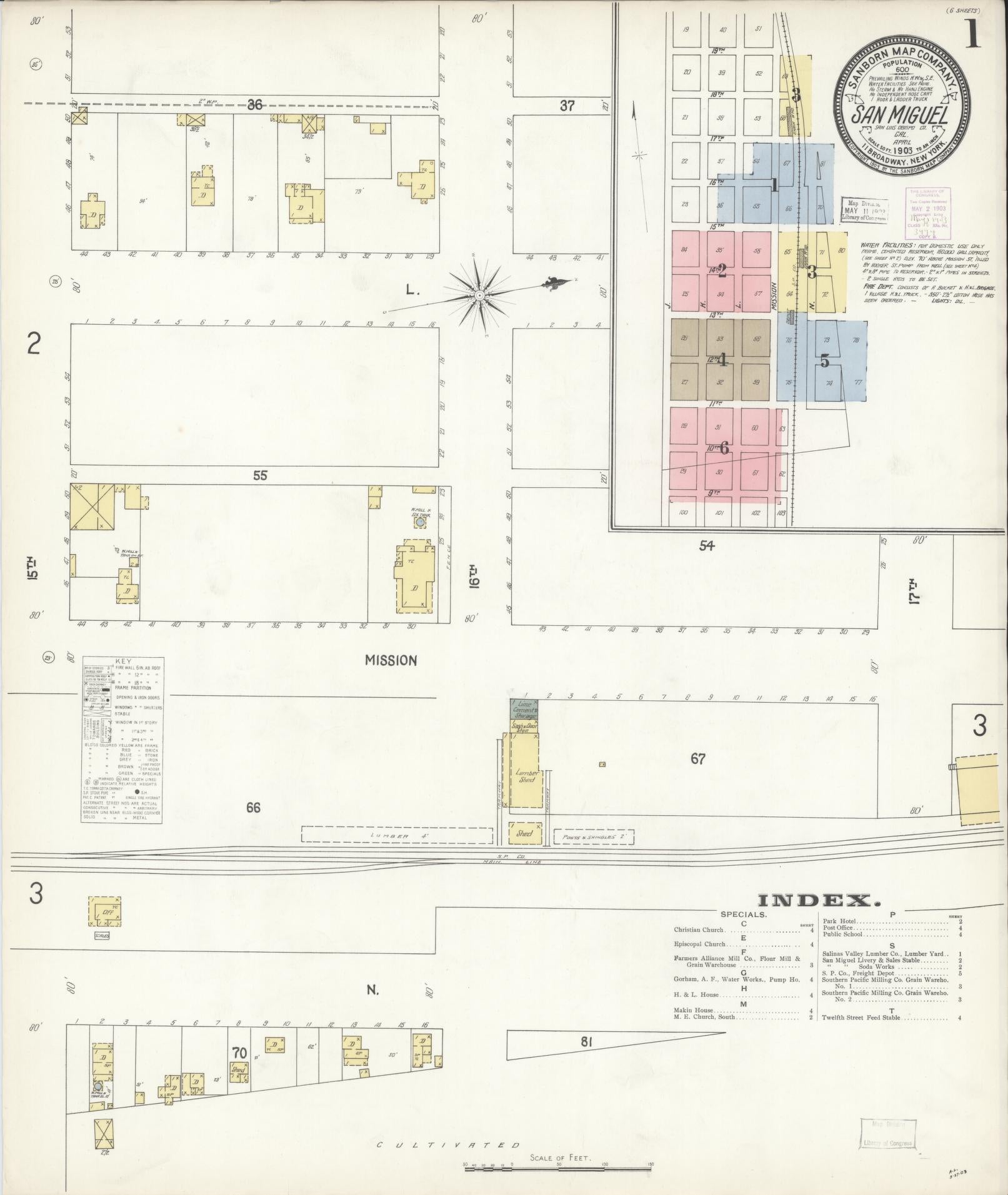 Sanborn Fire Insurance Map from San Miguel, San Luis Obispo County, California (1903), Sheet #0001 - Complete Map Set gallery image, historic Sanborn map, vintage wall art, California California