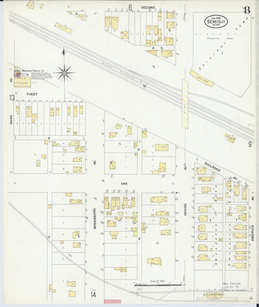 Sanborn Fire Insurance Map from Bemidji, Beltrami County, Minnesota (1909), Sheet #0008 - Historic Sanborn Fire Insurance Map Print, vintage old map wall art, antique decor, genealogy gift, Minnesota Minnesota map