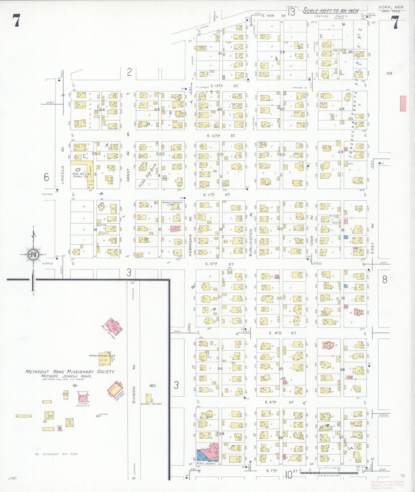 Sanborn Fire Insurance Map from York, York County, Nebraska (1933), Sheet #0007 - Historic Sanborn Fire Insurance Map Print, vintage old map wall art, antique decor, genealogy gift, Nebraska Nebraska map