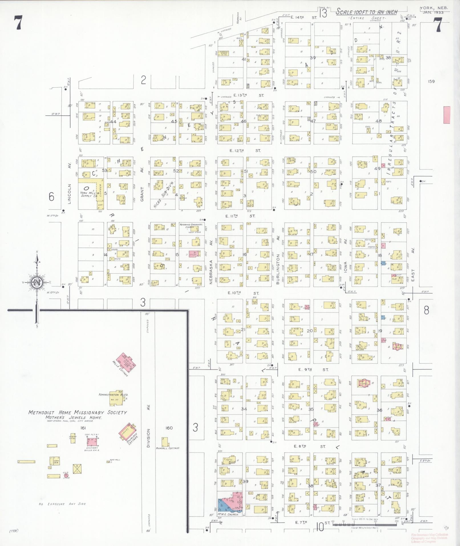 Sanborn Fire Insurance Map from York, York County, Nebraska (1933), Sheet #0007 - Historic Sanborn Fire Insurance Map Print, vintage old map wall art, antique decor, genealogy gift, Nebraska Nebraska map