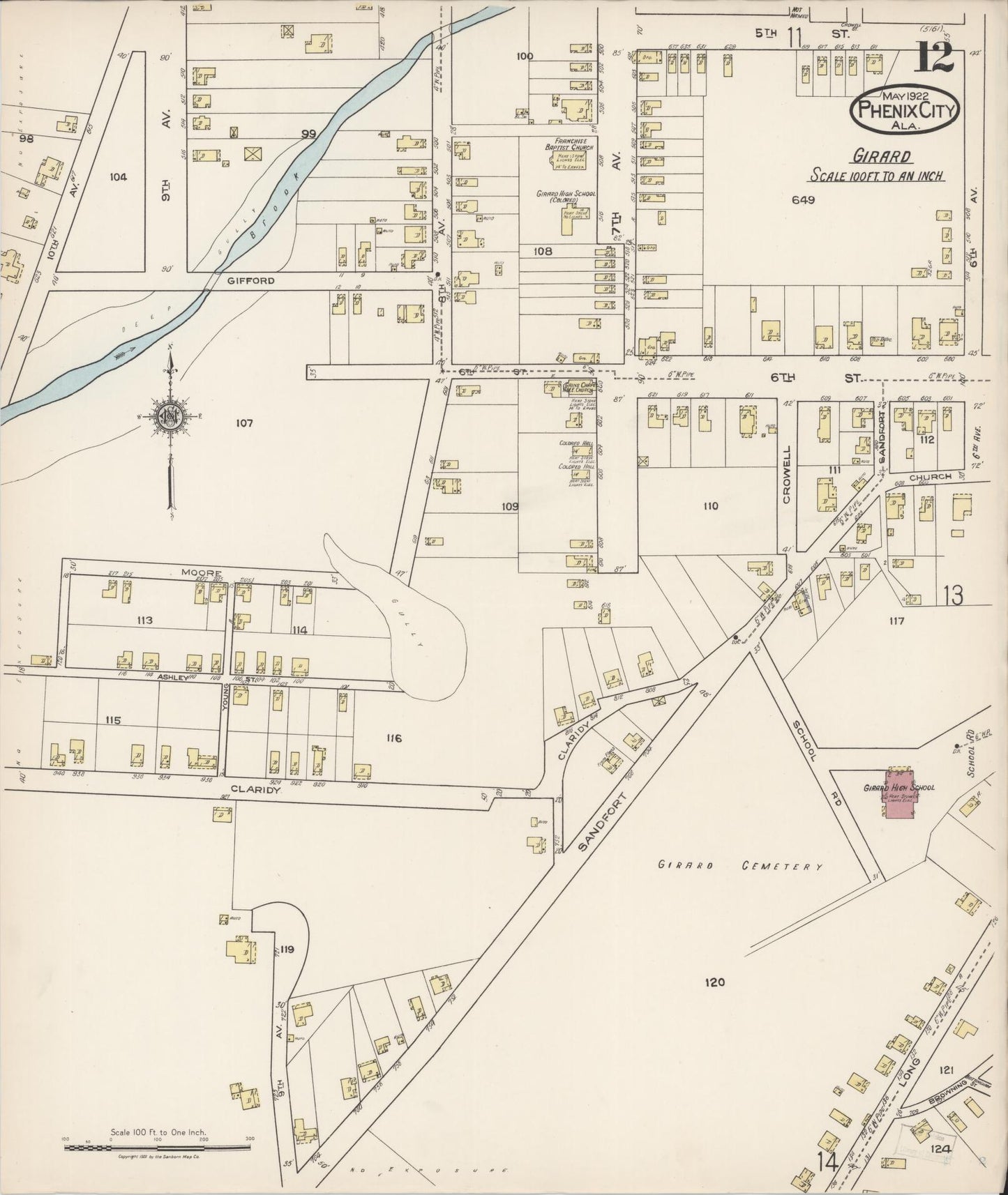 Sanborn Fire Insurance Map from Phenix City, Lee And Russell Counties, Alabama (1922), Sheet #0012 - Complete Map Set gallery image, historic Sanborn map, vintage wall art, Alabama Alabama