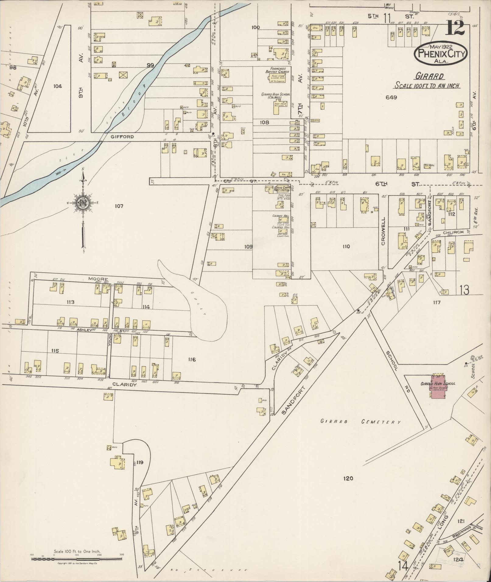 Sanborn Fire Insurance Map from Phenix City, Lee And Russell Counties, Alabama (1922), Sheet #0012 - Complete Map Set gallery image, historic Sanborn map, vintage wall art, Alabama Alabama