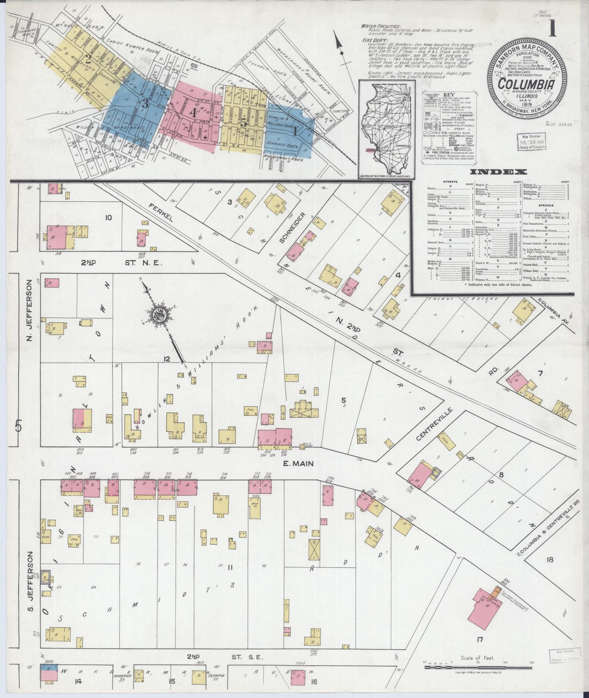 Sanborn Fire Insurance Map from Columbia, Monroe County, Illinois (1919), Sheet #0001 - Historic Sanborn Fire Insurance Map Print, vintage old map wall art, antique decor, genealogy gift, Illinois Illinois map