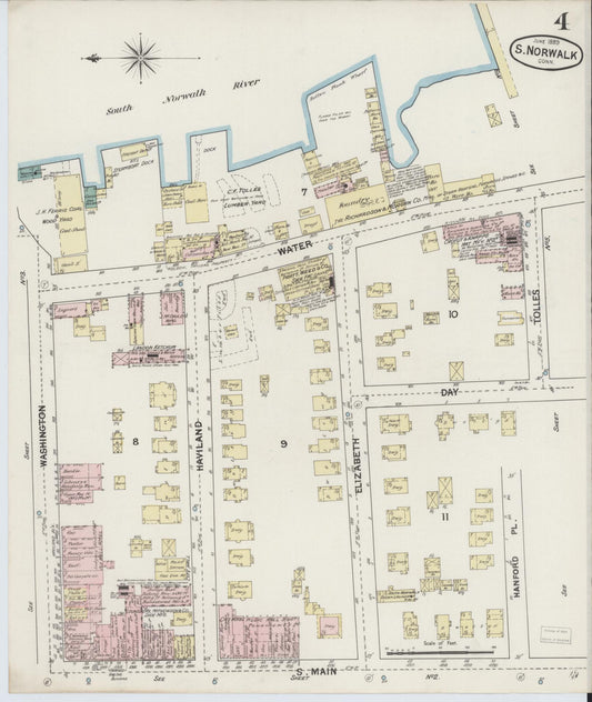 Sanborn Fire Insurance Map from South Norwalk, Fairfield County, Connecticut (1889), Sheet #0004 - Historic Sanborn Fire Insurance Map Print, vintage old map wall art, antique decor, genealogy gift, Connecticut Connecticut map