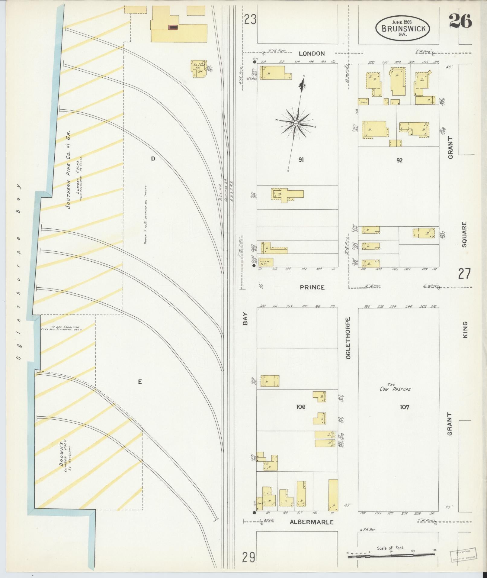 Sanborn Fire Insurance Map from Brunswick, Glynn County, Georgia (1908), Sheet #0026 - Complete Map Set gallery image, historic Sanborn map, vintage wall art, Georgia Georgia