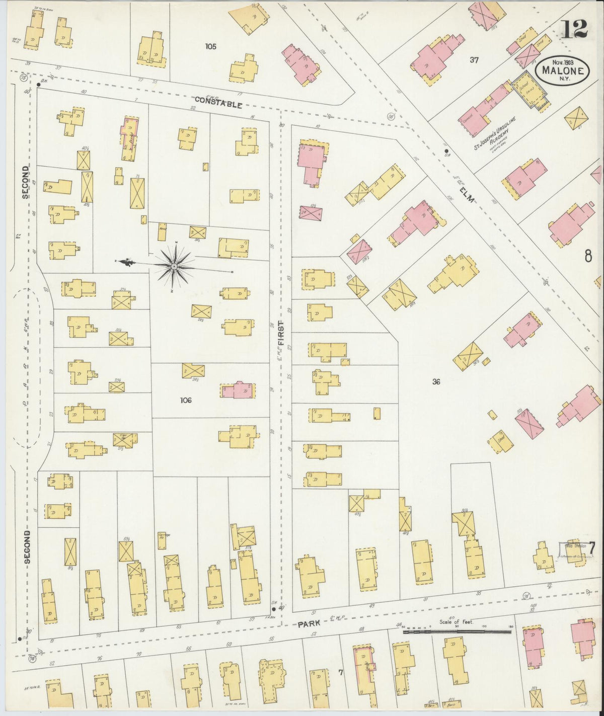 Sanborn Fire Insurance Map from Malone, Franklin County, New York (1903), Sheet #0012 - Historic Sanborn Fire Insurance Map Print, vintage old map wall art, antique decor, genealogy gift, New York New York map
