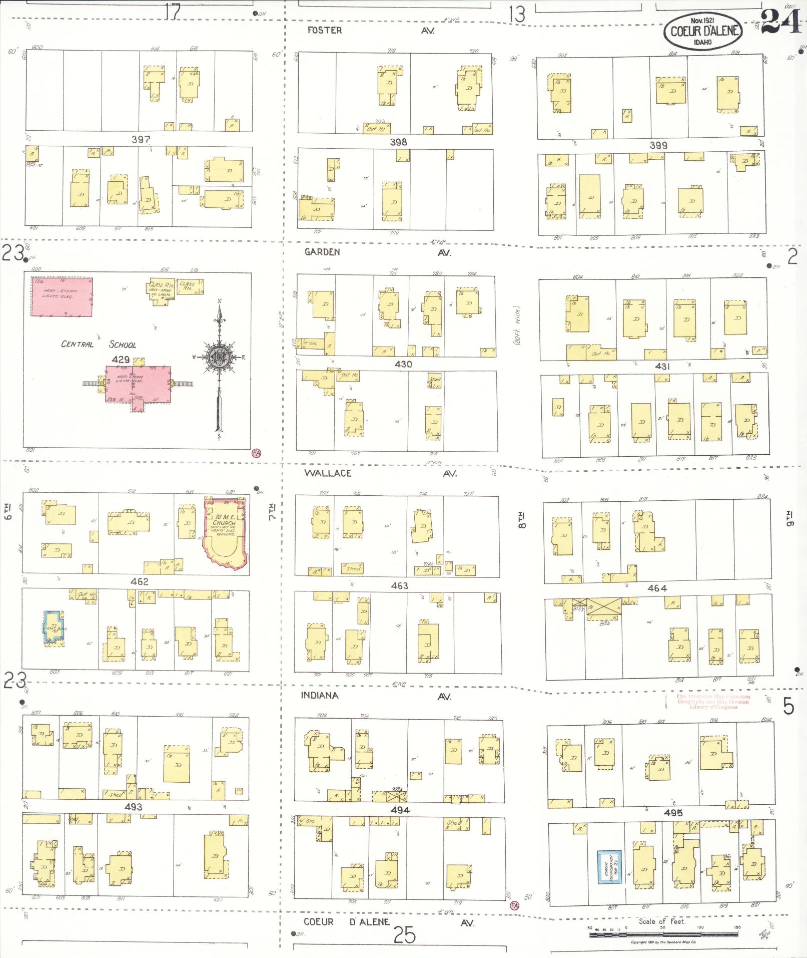 Sanborn Fire Insurance Map from Coeur D'alene, Kootenai County, Idaho (1921), Sheet #0024 - Historic Sanborn Fire Insurance Map Print, vintage old map wall art, antique decor, genealogy gift, Idaho Idaho map