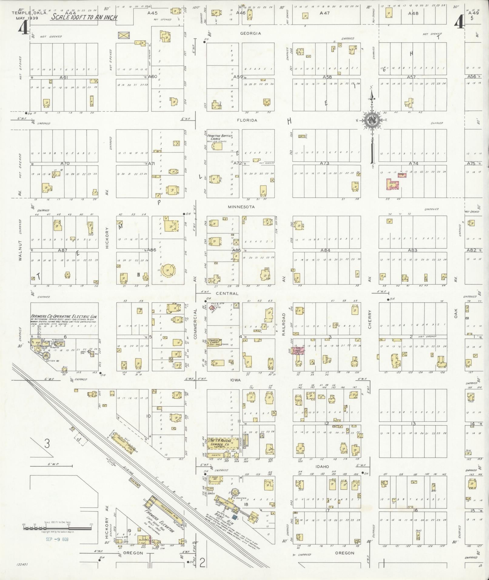 Sanborn Fire Insurance Map from Temple, Cotton County, Oklahoma (1939), Sheet #0004 - Historic Sanborn Fire Insurance Map Print, vintage old map wall art, antique decor, genealogy gift, Oklahoma Oklahoma map