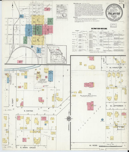 Sanborn Fire Insurance Map from Palmyra, Marion County, Missouri (1916), Sheet #0001 - Historic Sanborn Fire Insurance Map Print, vintage old map wall art, antique decor, genealogy gift, Missouri Missouri map