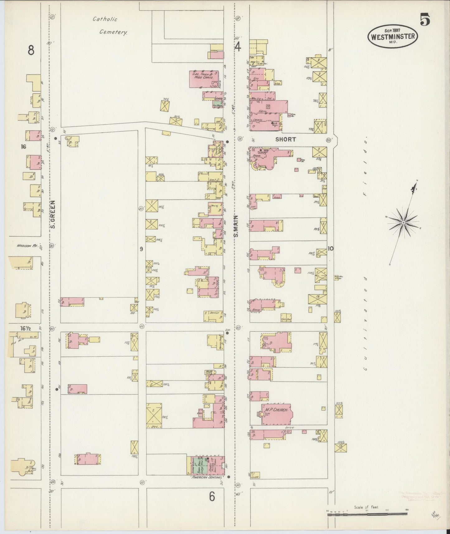 Sanborn Fire Insurance Map from Westminster, Carroll County, Maryland (1897), Sheet #0005 - Historic Sanborn Fire Insurance Map Print, vintage old map wall art, antique decor, genealogy gift, Maryland Maryland map