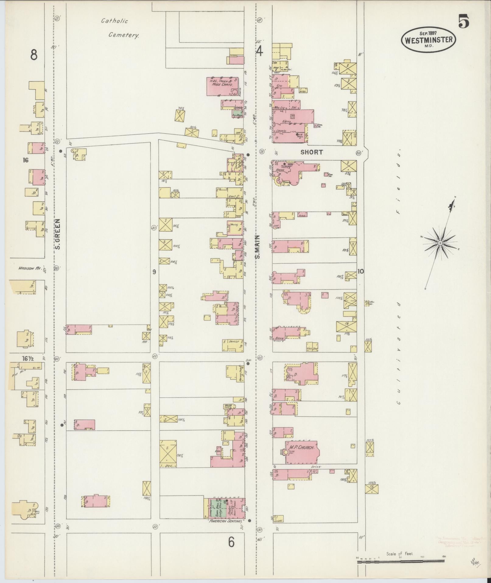 Sanborn Fire Insurance Map from Westminster, Carroll County, Maryland (1897), Sheet #0005 - Historic Sanborn Fire Insurance Map Print, vintage old map wall art, antique decor, genealogy gift, Maryland Maryland map