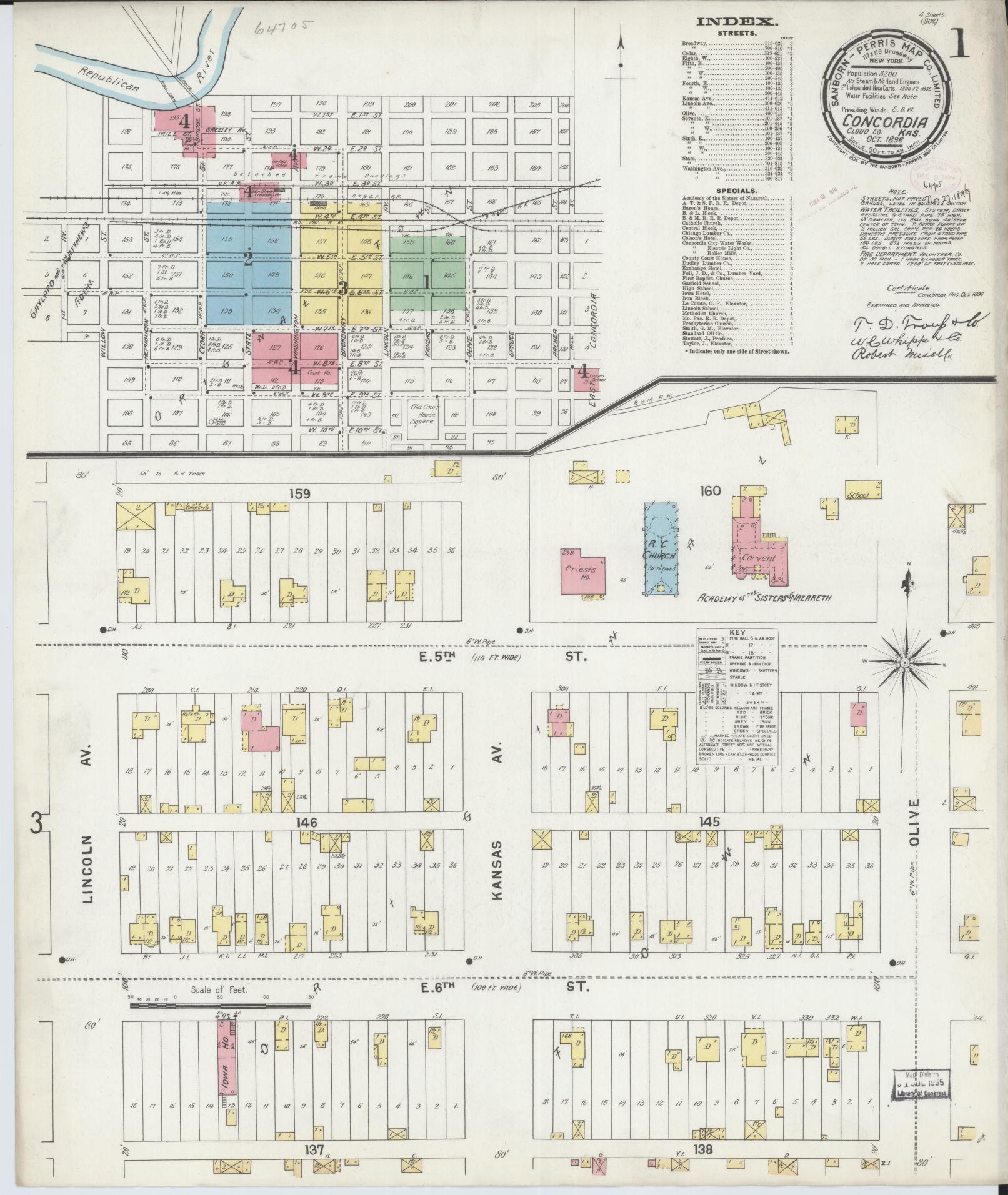 Sanborn Fire Insurance Map from Concordia, Cloud County, Kansas (1896), Sheet #0001 - Complete Map Set gallery image, historic Sanborn map, vintage wall art, Kansas Kansas