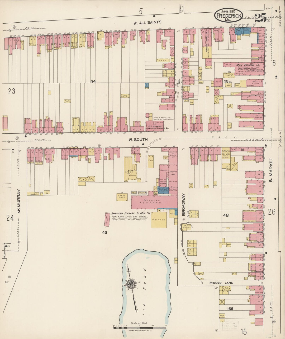 Sanborn Fire Insurance Map from Frederick, Frederick County, Maryland (1922), Sheet #0025 - Historic Sanborn Fire Insurance Map Print, vintage old map wall art, antique decor, genealogy gift, Maryland Maryland map