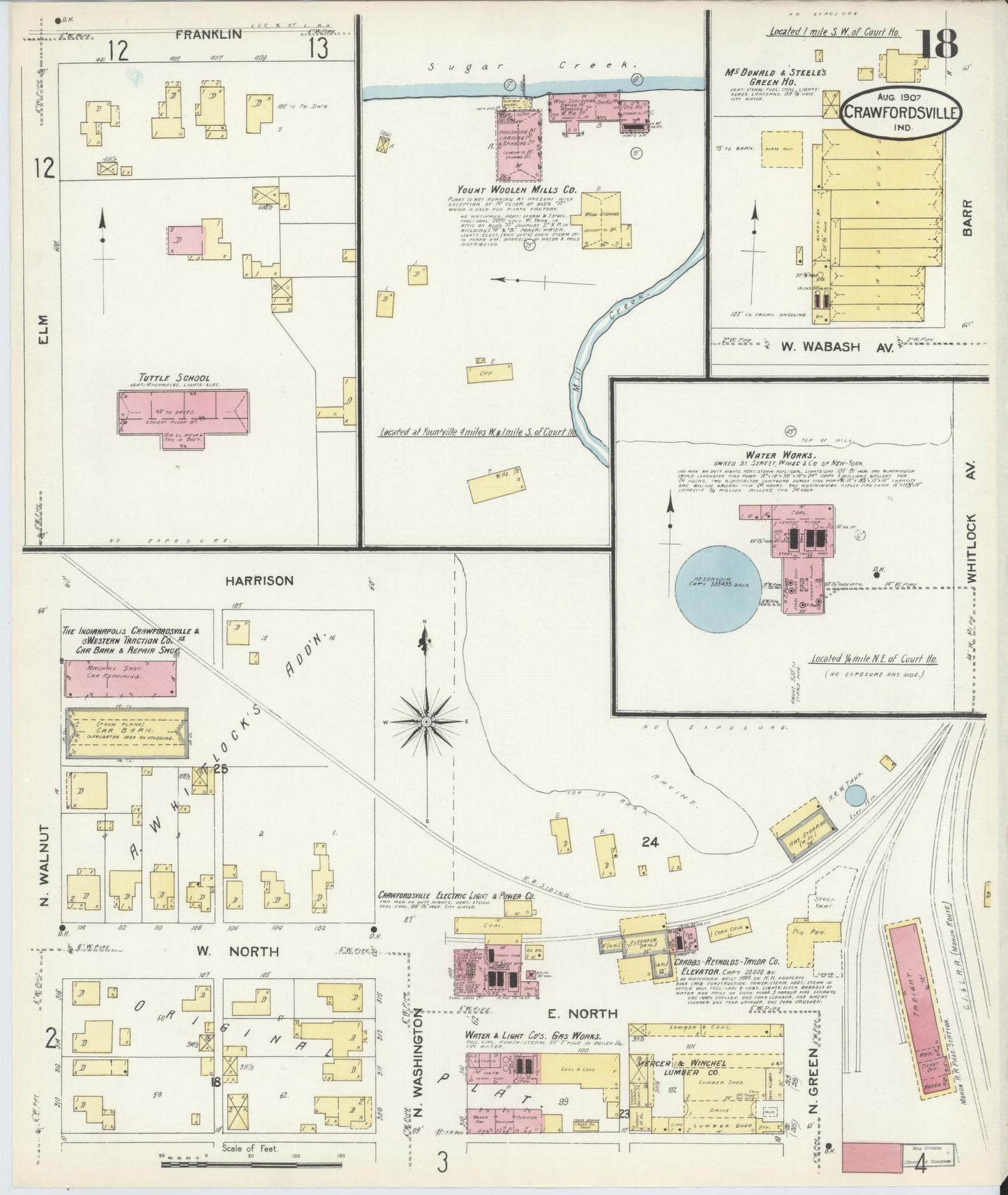Sanborn Fire Insurance Map from Crawfordsville, Montgomery County, Indiana (1907), Sheet #0018 - Historic Sanborn Fire Insurance Map Print, vintage old map wall art, antique decor, genealogy gift, Indiana Indiana map