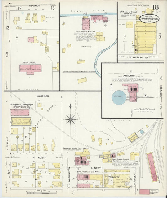 Sanborn Fire Insurance Map from Crawfordsville, Montgomery County, Indiana (1907), Sheet #0018 - Historic Sanborn Fire Insurance Map Print, vintage old map wall art, antique decor, genealogy gift, Indiana Indiana map