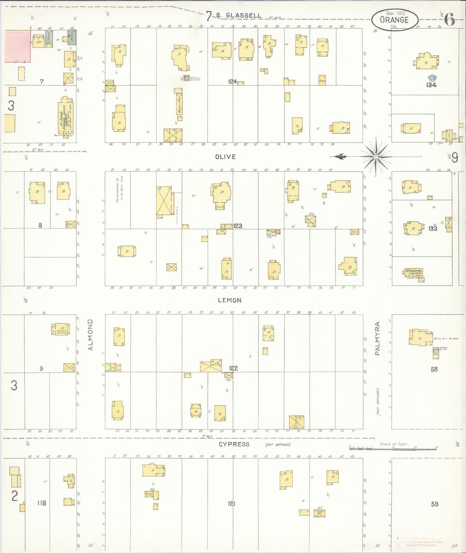 Sanborn Fire Insurance Map from Orange, Orange County, California (1905), Sheet #0006 - Complete Map Set gallery image, historic Sanborn map, vintage wall art, California California