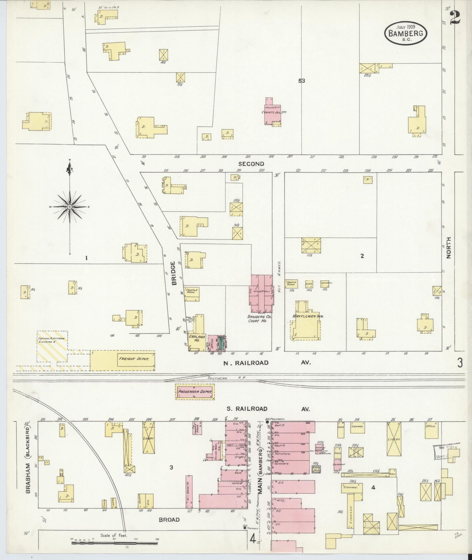 Sanborn Fire Insurance Map from Bamberg, Bamberg County, South Carolina (1909), Sheet #0002 - Historic Sanborn Fire Insurance Map Print, vintage old map wall art, antique decor, genealogy gift, South Carolina South Carolina map
