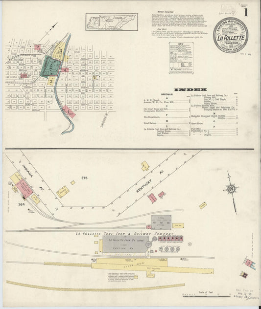 Sanborn Fire Insurance Map from La Follette, Campbell County, Tennessee (1913), Sheet #0001 - Historic Sanborn Fire Insurance Map Print, vintage old map wall art, antique decor, genealogy gift, Tennessee Tennessee map