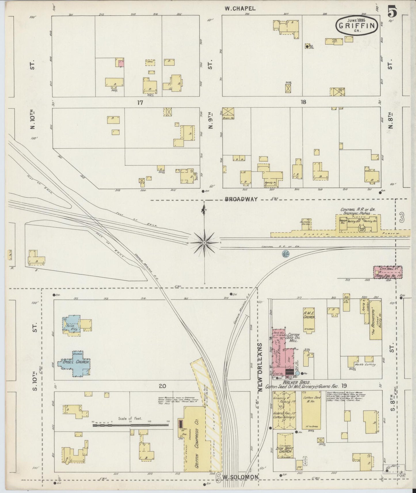 Sanborn Fire Insurance Map from Griffin, Spalding County, Georgia (1895), Sheet #0005 - Complete Map Set gallery image, historic Sanborn map, vintage wall art, Georgia Georgia