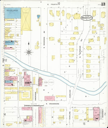 Sanborn Fire Insurance Map from Mason City, Cerro Gordo County, Iowa (1909), Sheet #0013 - Historic Sanborn Fire Insurance Map Print, vintage old map wall art