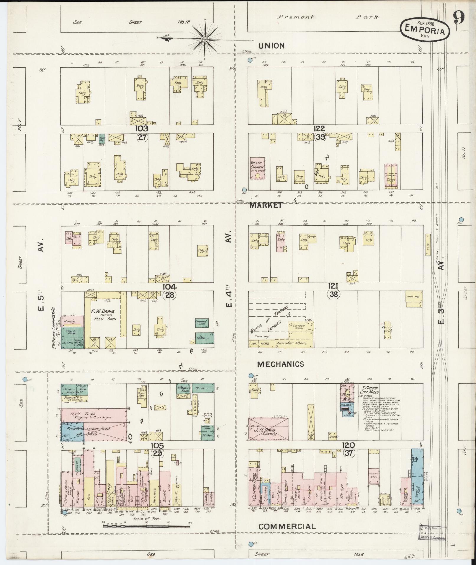 Sanborn Fire Insurance Map from Emporia, Lyon County, Kansas (1888), Sheet #0009 - Complete Map Set gallery image, historic Sanborn map, vintage wall art, Kansas Kansas