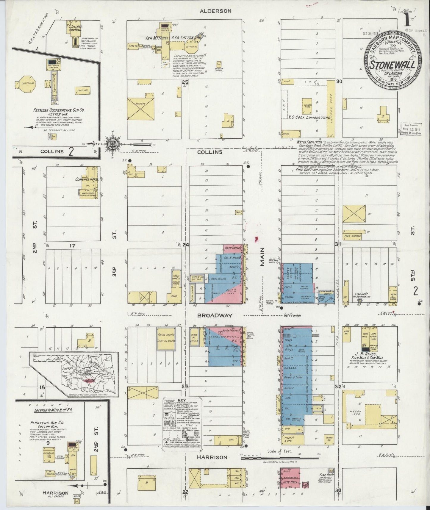 Sanborn Fire Insurance Map from Stonewall, Pontotoc County, Oklahoma (1918), Sheet #0001 - Historic Sanborn Fire Insurance Map Print, vintage old map wall art, antique decor, genealogy gift, Oklahoma Oklahoma map
