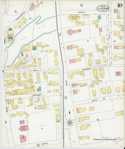 Sanborn Fire Insurance Map from Claremont, Sullivan County, New Hampshire (1904), Sheet #0010 - Historic Sanborn Fire Insurance Map Print, vintage old map wall art, antique decor, genealogy gift, New Hampshire New Hampshire map