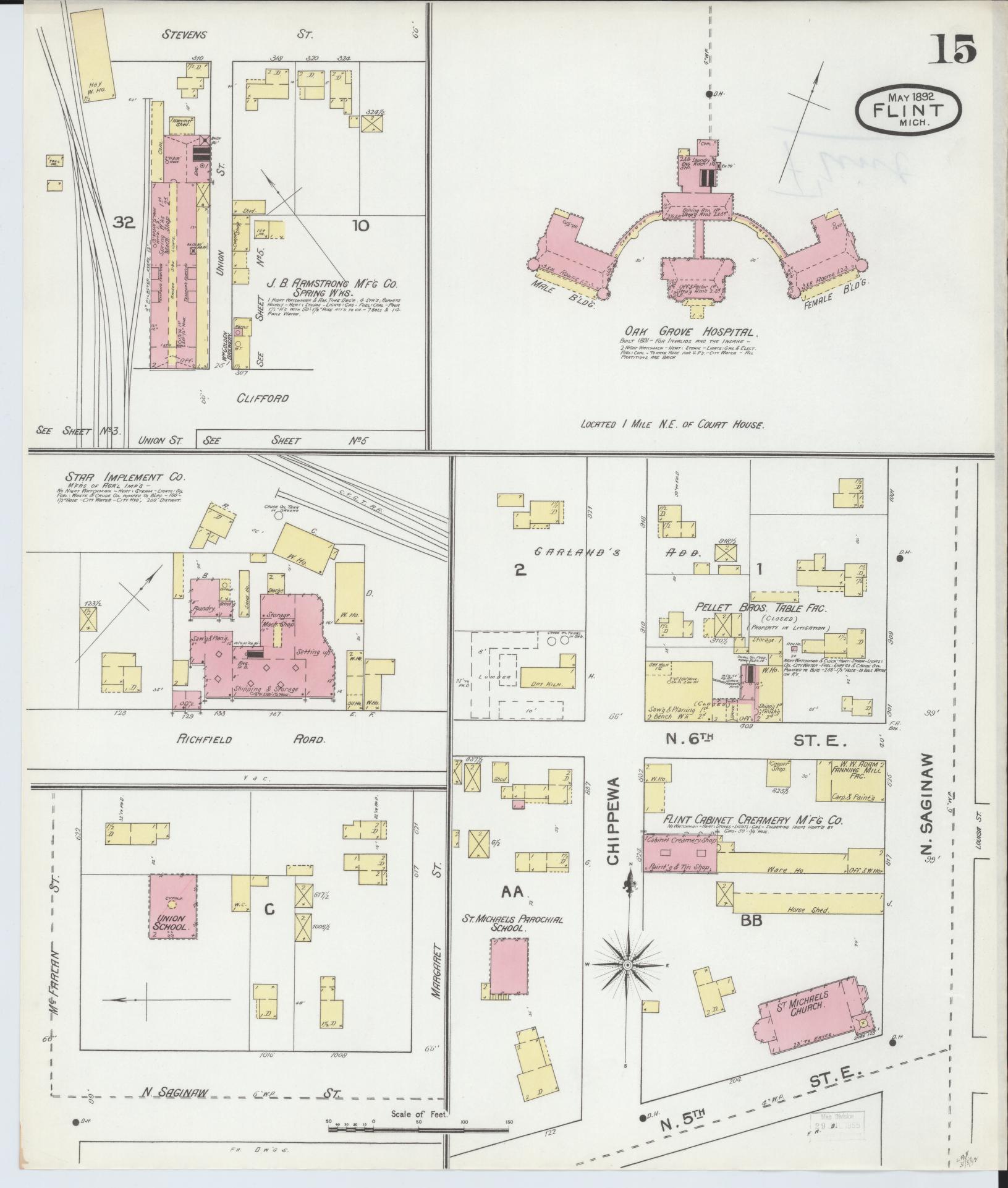 Sanborn Fire Insurance Map from Flint, Genesee County, Michigan (1892), Sheet #0015 - Historic Sanborn Fire Insurance Map Print, vintage old map wall art, antique decor, genealogy gift, Michigan Michigan map