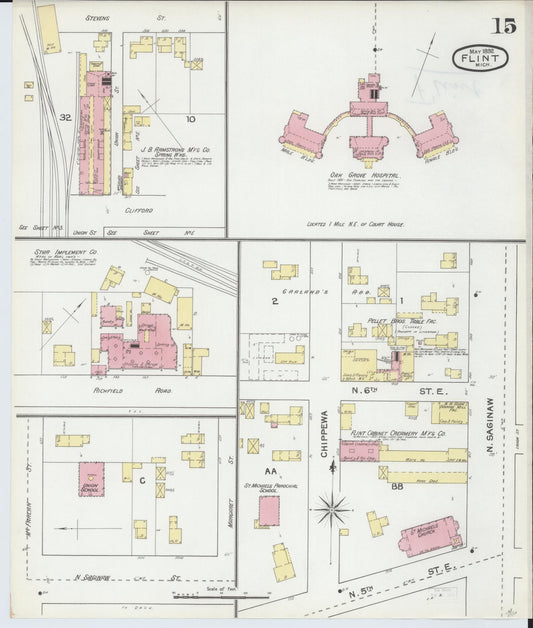 Sanborn Fire Insurance Map from Flint, Genesee County, Michigan (1892), Sheet #0015 - Historic Sanborn Fire Insurance Map Print, vintage old map wall art, antique decor, genealogy gift, Michigan Michigan map