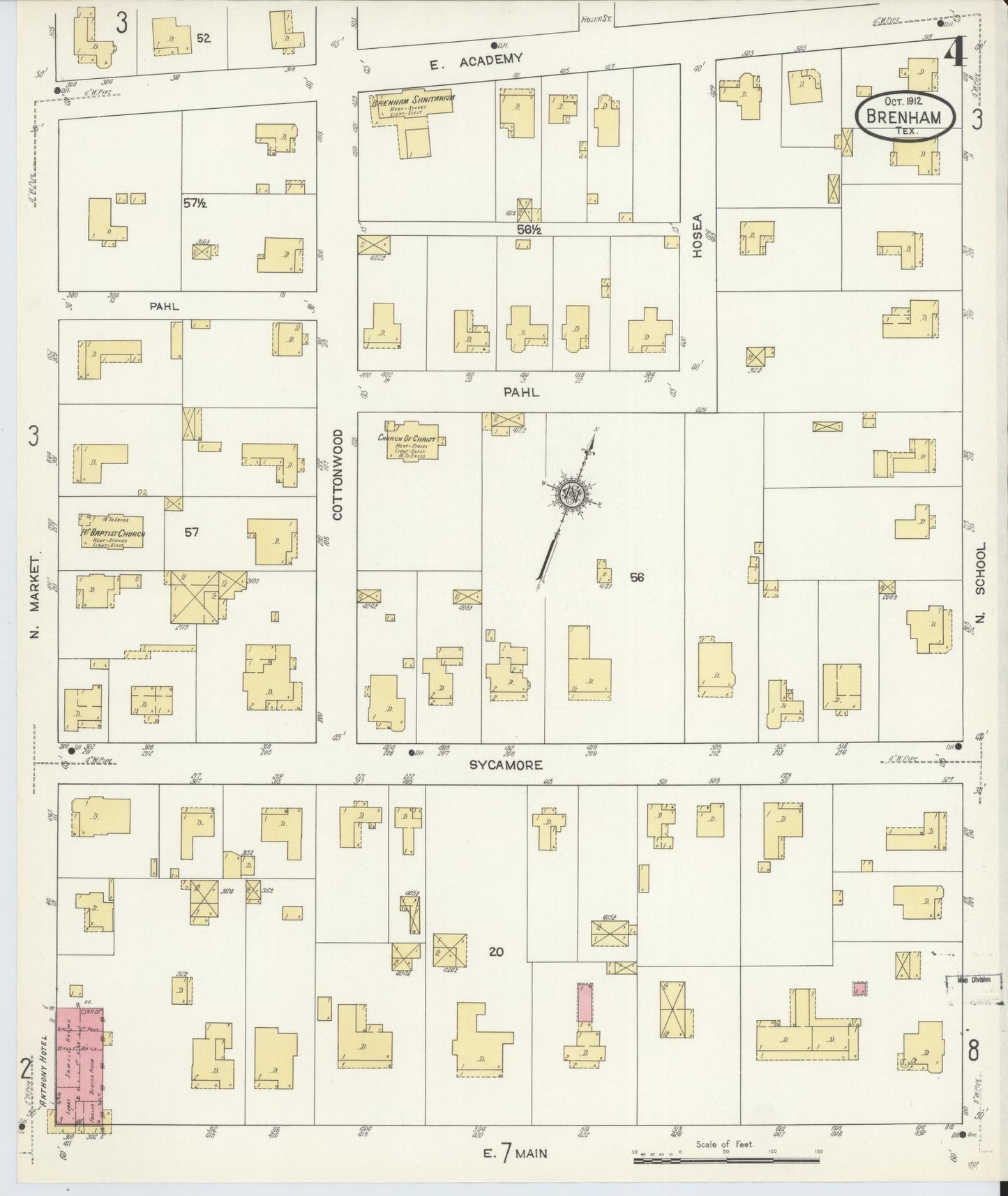 Sanborn Fire Insurance Map from Brenham, Washington County, Texas (1912), Sheet #0004 - Historic Sanborn Fire Insurance Map Print, vintage old map wall art, antique decor, genealogy gift, Texas Texas map