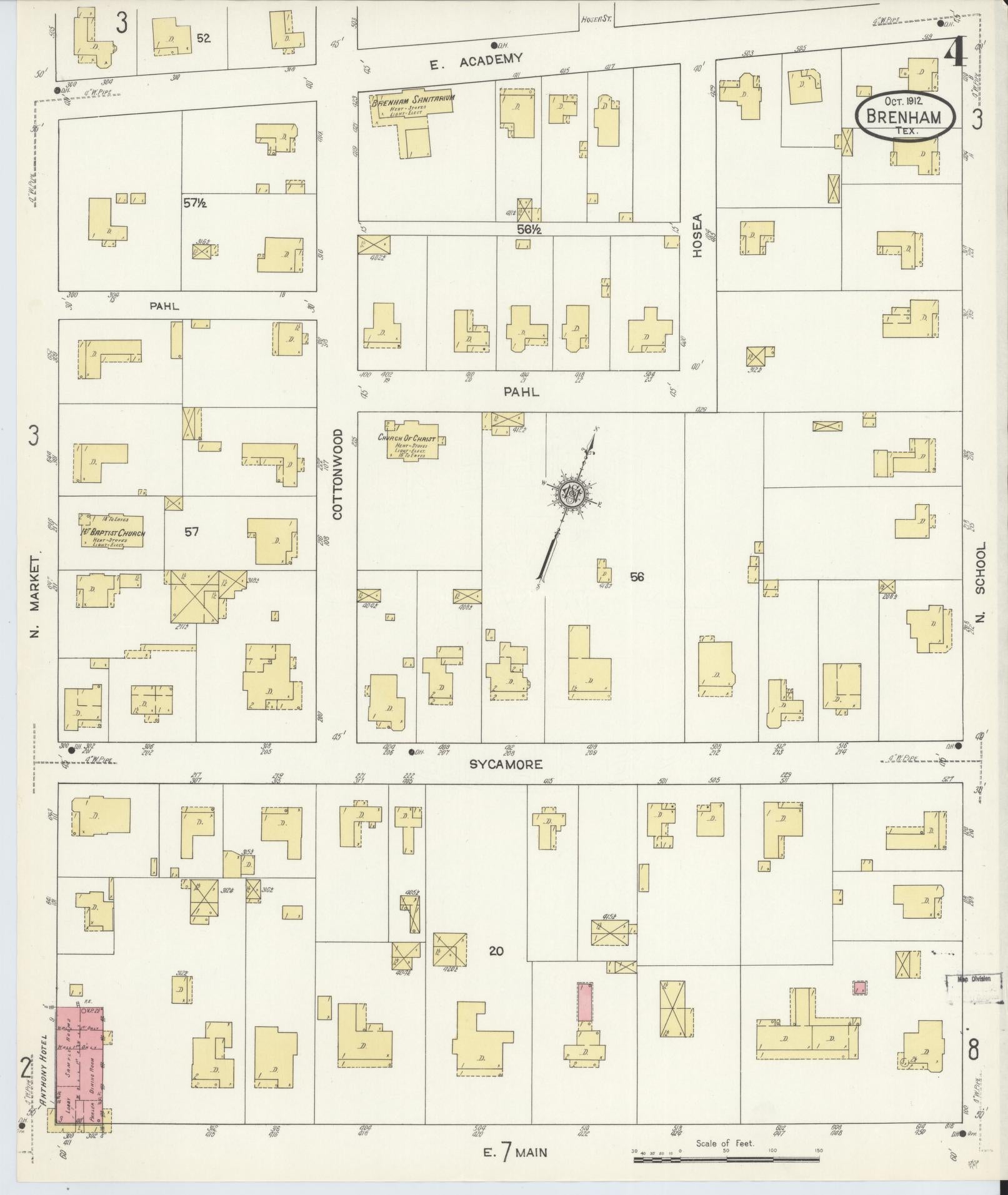 Sanborn Fire Insurance Map from Brenham, Washington County, Texas (1912), Sheet #0004 - Historic Sanborn Fire Insurance Map Print, vintage old map wall art, antique decor, genealogy gift, Texas Texas map